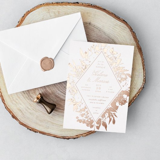 Elegant Floral Diamond Wedding Roos Gold Folie Uitnodiging
