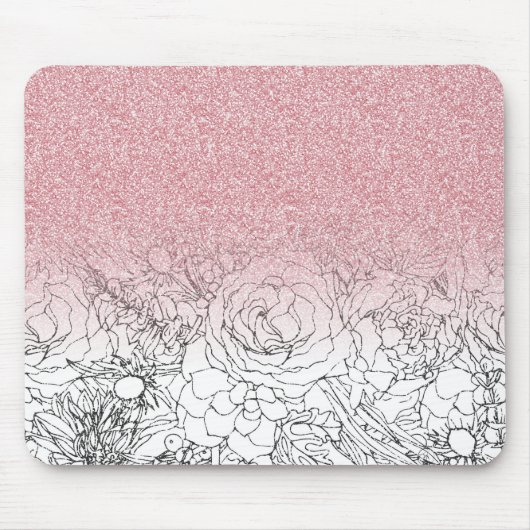 Elegant Floral Doodles Pink Gradient Glitter Afbee Muismat (Voorkant)