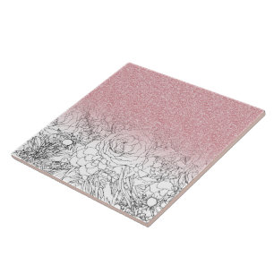 Elegant Floral Doodles Pink Gradient Glitter Afbee Tegeltje