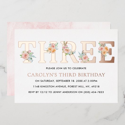 Elegant Floral DREE 3e verjaardag Real Folie Uitnodiging (Voorkant / Achterkant)