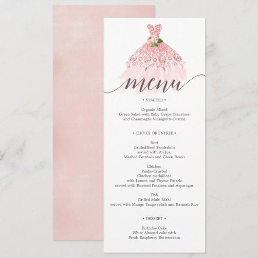 Elegant Floral Dress Quinceanera Menu Kaart (Voorkant / Achterkant)