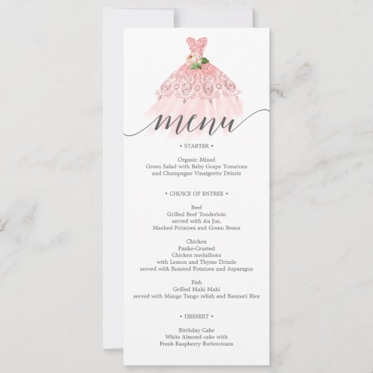 Elegant Floral Dress Quinceanera Menu Kaart (Voorkant)