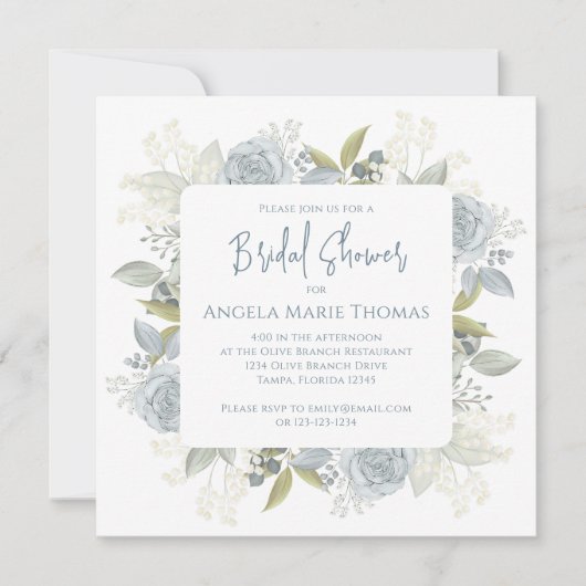 Elegant Floral Dusty Blue Bridal Shower QR Code Kaart (Voorkant)