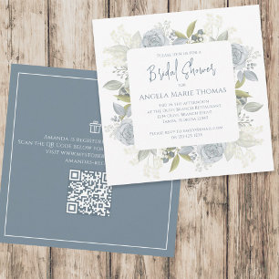 Elegant Floral Dusty Blue Bridal Shower QR Code Kaart
