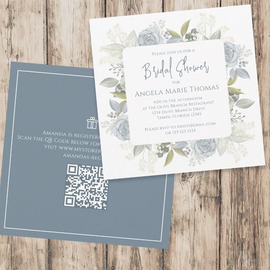 Elegant Floral Dusty Blue Bridal Shower QR Code Kaart