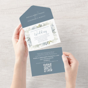 Elegant Floral Dusty Blue Classic Greenery QR Code All In One Uitnodiging
