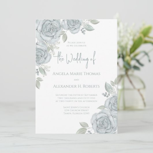 Elegant Floral Dusty Blue Classic Roos Flowers Kaart (Staand voorkant)