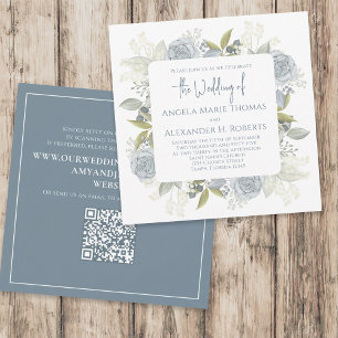Elegant Floral Dusty Blue Classic Roos QR Code Kaart