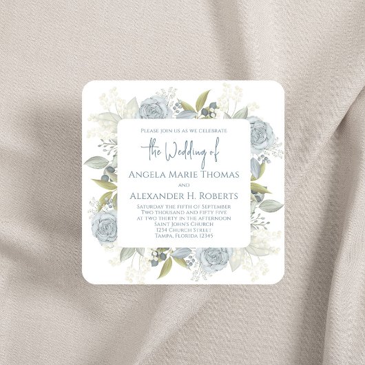 Elegant Floral Dusty Blue Classic Roos QR Code Kaart