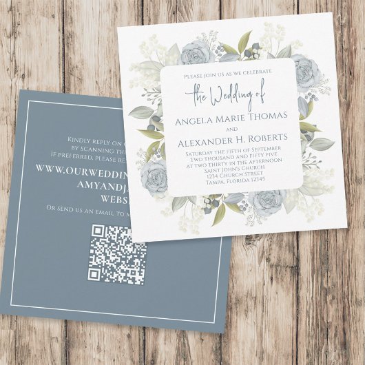 Elegant Floral Dusty Blue Classic Roos QR Code Kaart