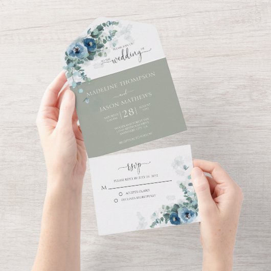 Elegant Floral Dusty Blue Greenery Wedding All In One Uitnodiging (Afscheurbaar)