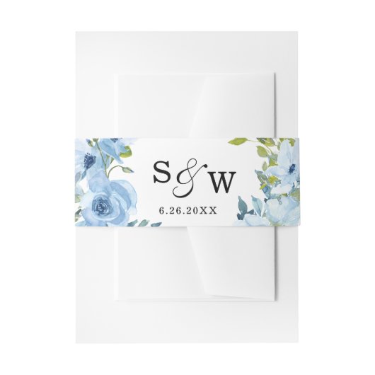 Elegant Floral Dusty Blue Invitation Belly Band Uitnodigingen Wikkel (Voorkant Voorbeeld)