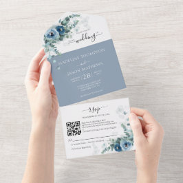 Elegant Floral Dusty Blue Qr Code Weddenschap All In One Uitnodiging