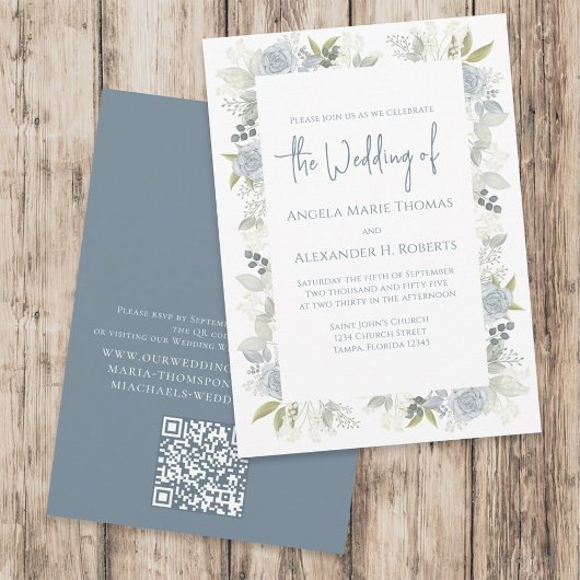 Elegant Floral Dusty Blue Roos QR Code Response Kaart