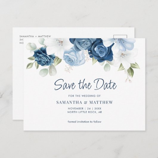 Elegant Floral Dusty Blue Save the Date Aankondigingskaart (Voorkant / Achterkant)