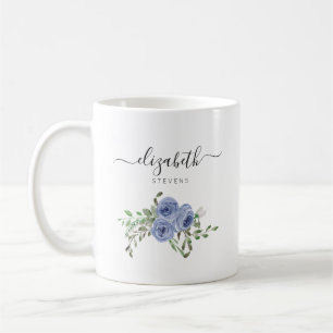 Elegant Floral Dusty Blue Waterverf Roos Script Koffiemok
