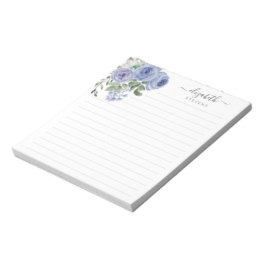 Elegant Floral Dusty Blue Waterverf Roos Script Notitieblok (Linkerzijde)