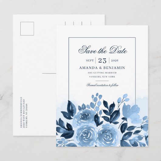 Elegant Floral Dusty Blue Waterverf Wedding Aankondigingskaart (Voorkant / Achterkant)