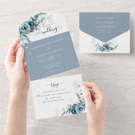 Elegant Floral Dusty Blue Waterverf Wedding All In One Uitnodiging