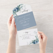 Elegant Floral Dusty Blue Waterverf Wedding All In One Uitnodiging (Afscheurbaar)
