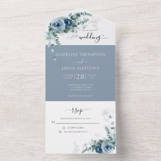Elegant Floral Dusty Blue Waterverf Wedding All In One Uitnodiging (Binnen)
