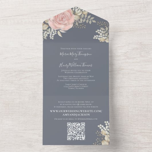 Elegant Floral Dusty Blue Wedding All In One Uitnodiging (Binnen)