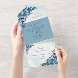 Elegant Floral Dusty Blue Wedding All In One Uitnodiging