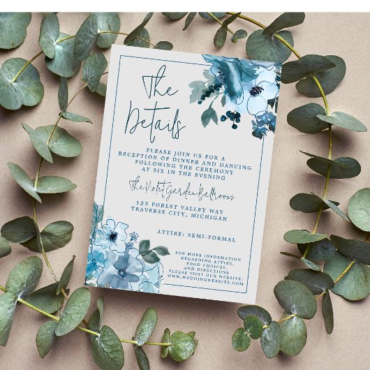 Elegant Floral Dusty Blue Wedding Informatiekaartje