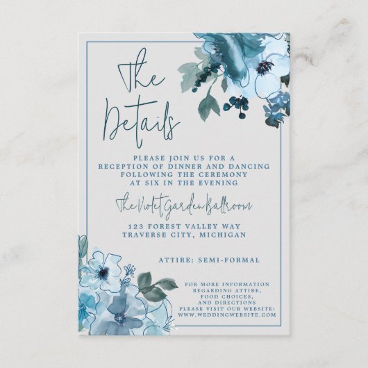 Elegant Floral Dusty Blue Wedding Informatiekaartje (Voorkant)