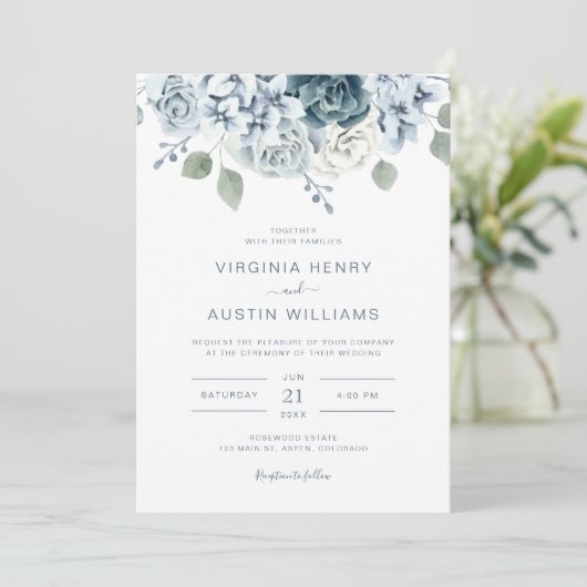 Elegant Floral Dusty Blue Wedding Kaart (Staand voorkant)