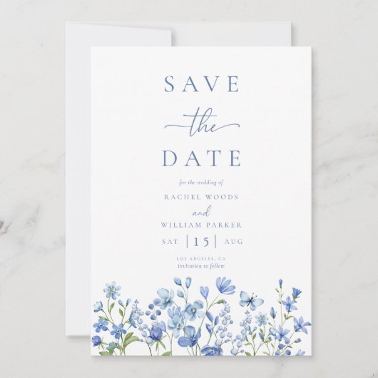 Elegant Floral Dusty Blue Wedding Save The Date (Voorkant)
