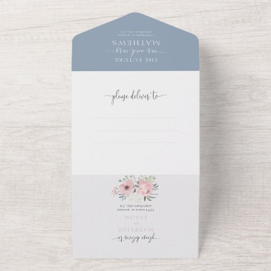 Elegant Floral Dusty Blush Pink Waterverf Wedding All In One Uitnodiging (Buitenkant)