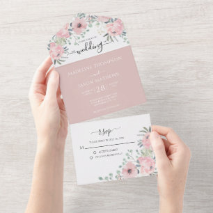 Elegant Floral Dusty Blush Pink Waterverf Wedding All In One Uitnodiging