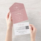 Elegant Floral Dusty Pink Monogram QR Code Weddens All In One Uitnodiging (Afscheurbaar)