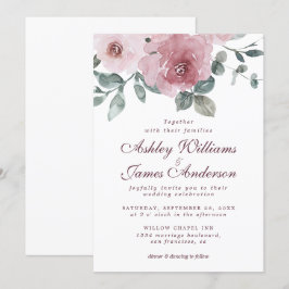 Elegant Floral Dusty Pink Rose Burgundy Wedding Kaart