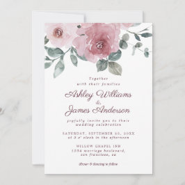 Elegant Floral Dusty Pink Rose Burgundy Wedding Kaart