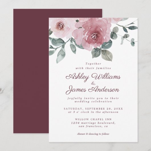 Elegant Floral Dusty Pink Rose Burgundy Wedding Kaart (Voorkant / Achterkant)