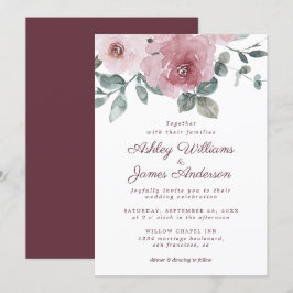 Elegant Floral Dusty Pink Rose Burgundy Wedding Kaart