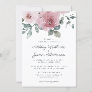 Elegant Floral Dusty Pink Rose Wedding Invitation Kaart