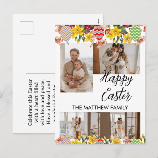 elegant floral Easter, familie vier fotocollage Feestdagenkaart (Voorkant / Achterkant)