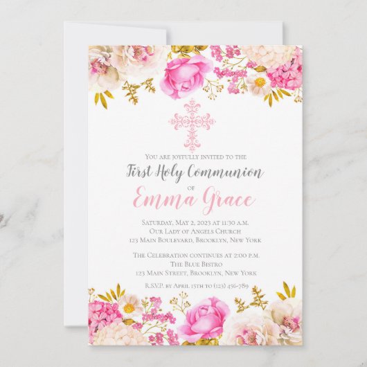 Elegant Floral Eerste Heilige Communauteit Uitnodi Kaart (Voorkant)