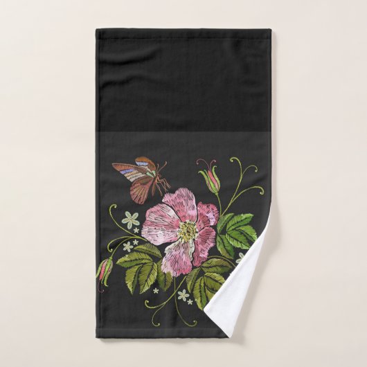 Elegant Floral Embroidery Pattern Black Background Bad Handdoek (Handdoek)