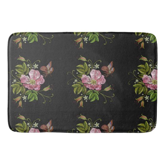 Elegant Floral Embroidery Pattern Black Background Badmat (Voorkant)