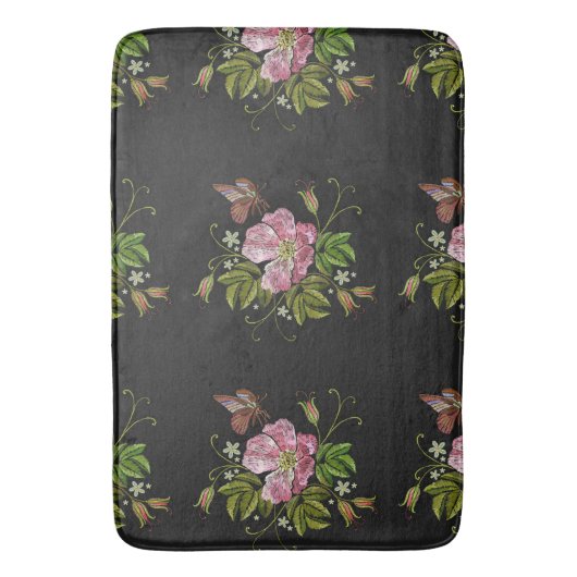 Elegant Floral Embroidery Pattern Black Background Badmat (Voorkant Verticaal)