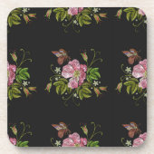 Elegant Floral Embroidery Pattern Black Background Bier Onderzetter (Voorkant)