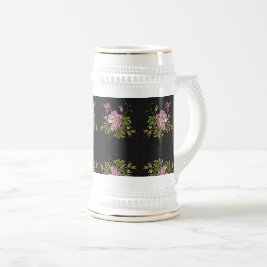 Elegant Floral Embroidery Pattern Black Background Bierpul (Voorkant rechts)