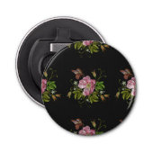Elegant Floral Embroidery Pattern Black Background Button Flesopener (Voorkant)