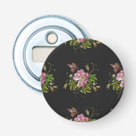 Elegant Floral Embroidery Pattern Black Background Button Flesopener