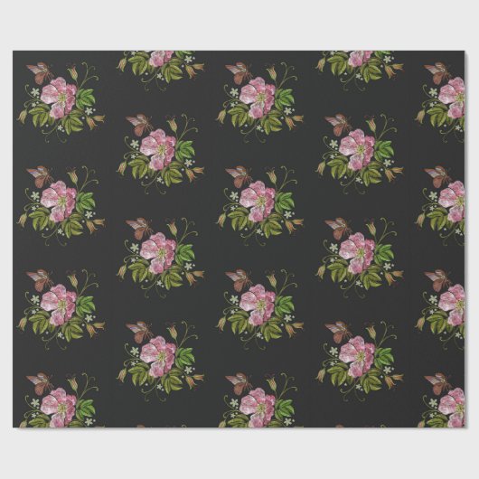 Elegant Floral Embroidery Pattern Black Background Cadeaupapier (Vlak)