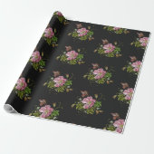 Elegant Floral Embroidery Pattern Black Background Cadeaupapier (Uitgerold)